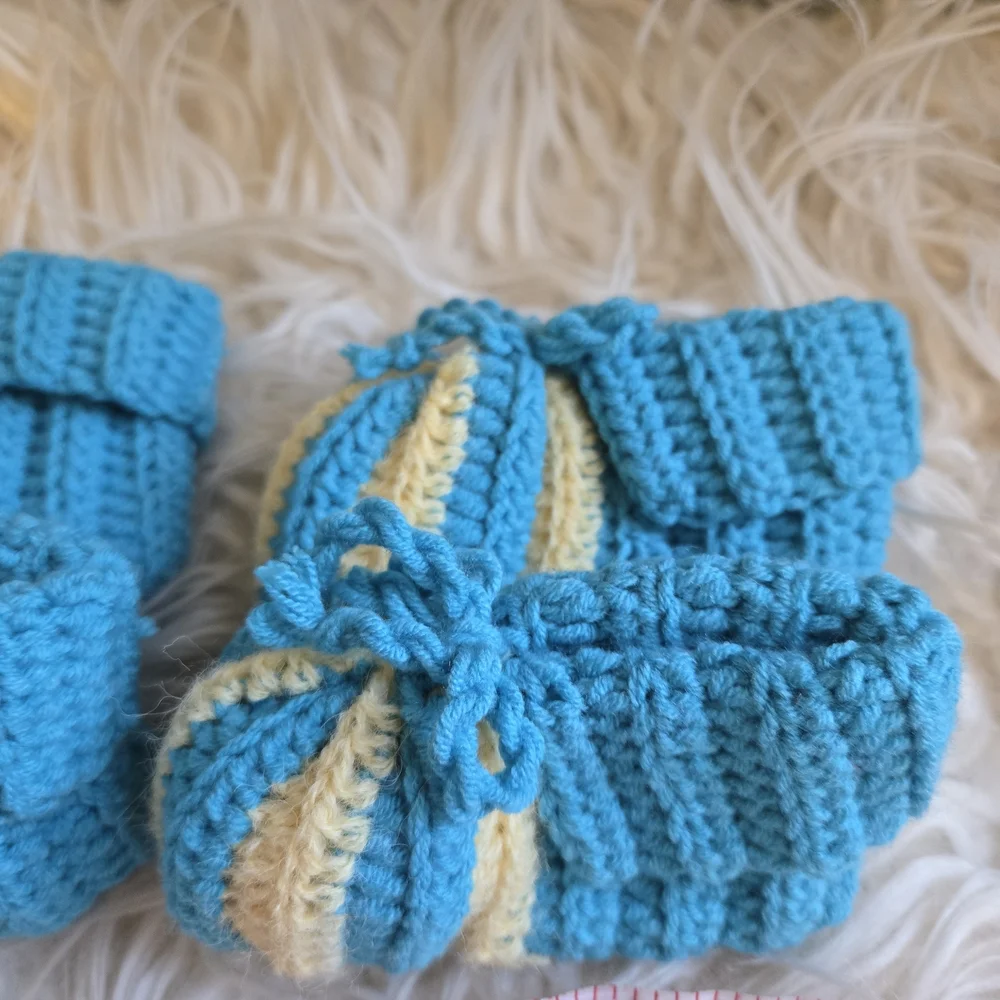Handmade Knitted Baby Booties - Blue and Yellow